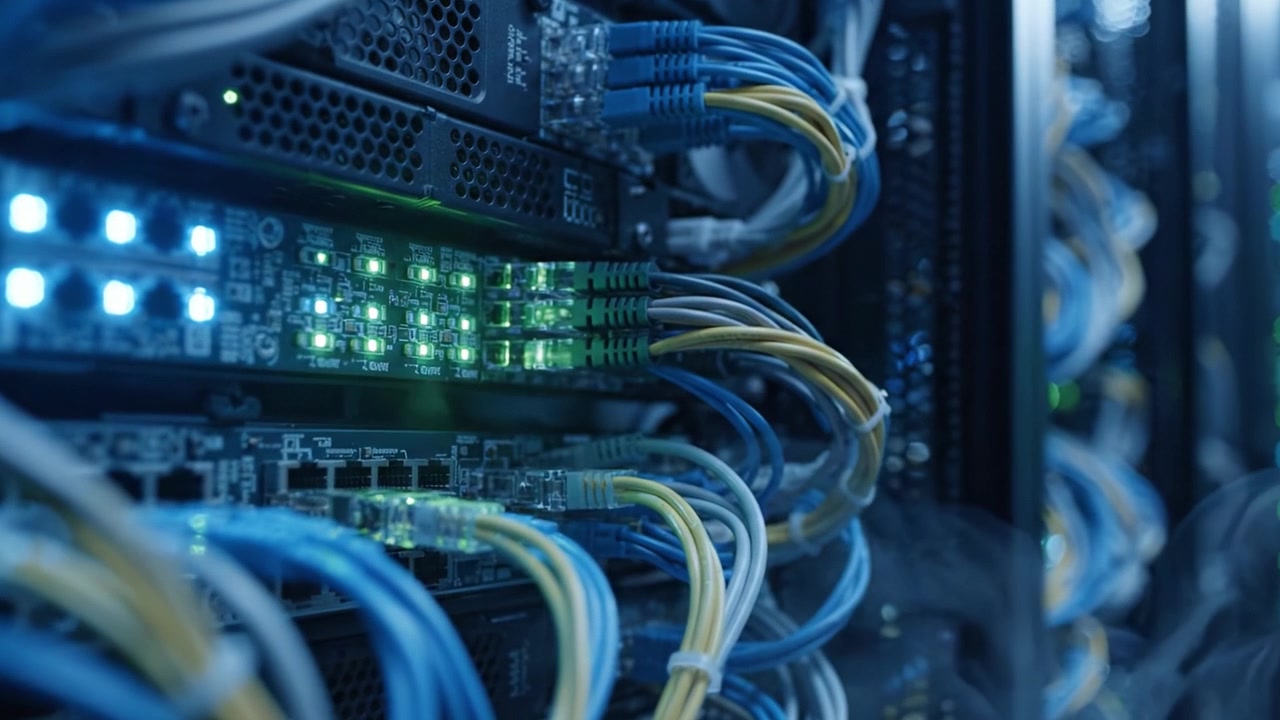 Close-Up of a Data Center Network with Glowing LED Indicators and Intricate Cabling, Showcasing the Complexity of Modern Information Technology Infrastructure