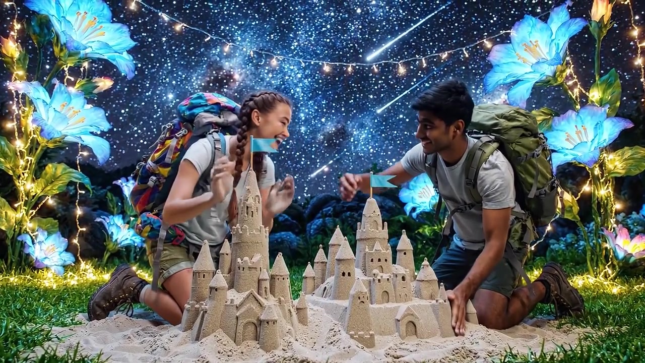 Una Notte Magica Sotto le Stelle: Due Avventurieri Costruiscono un Castello di Sabbia Incantato Circondato da Fiori Luminosi e Luci Scintillanti Sotto un Cielo Stellato.