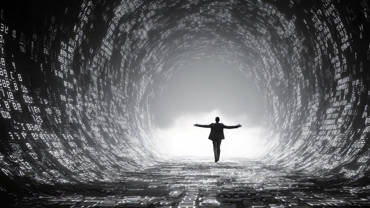 A lone figure stands with arms outstretched in a digital tunnel, surrounded by flowing streams of binary code, symbolizing the connection between technology and the human experience