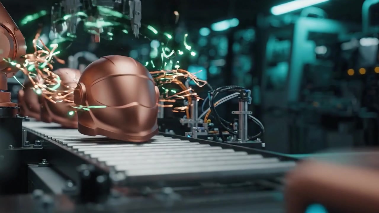Robotic Arm Assembling Futuristic Robot Helmets on a Conveyor Belt