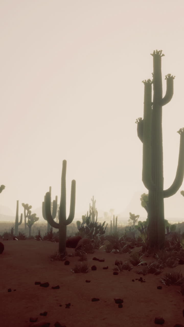 Cacti grow in desert landscape during evening light in southern region