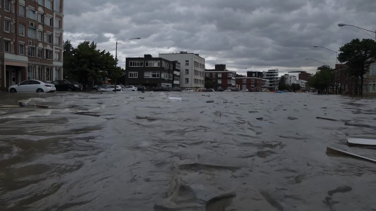 Low-angle video of a flooded urban street, capturing submerged cars and buildings under a cloudy