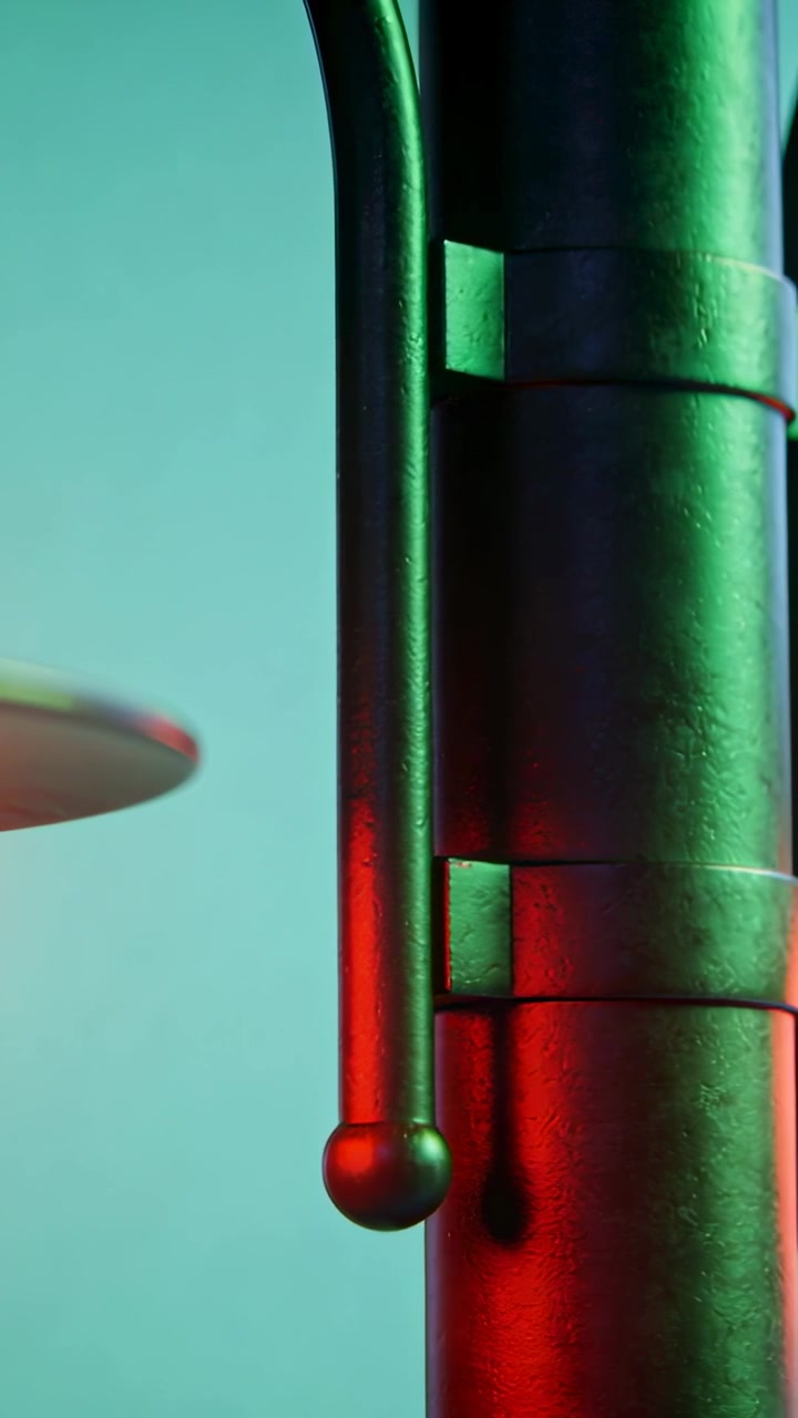 Vertical video: Panning camera revealing metal tube with rod, clamp in studio under red green light