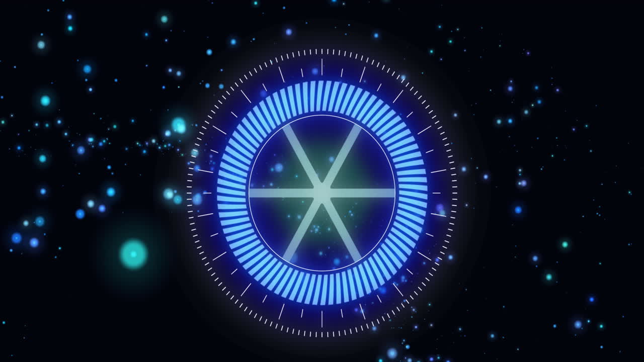 파란색 원형 스 ⁇  스캔과 검은색에 떠다니는 반 ⁇ 이는 입자의 애니메이션