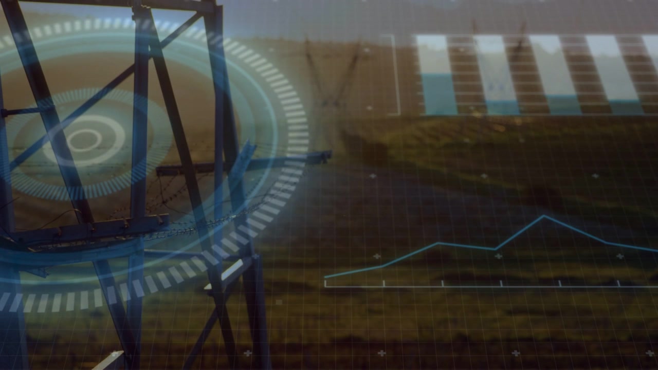 Dominating steel tower showing rotating HUD in field with panels and rising blue graph, copy space