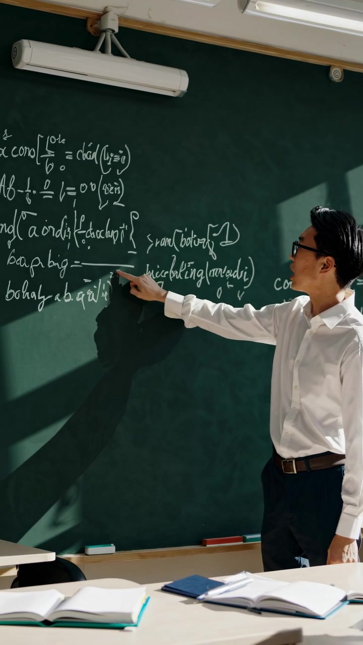Guru Pria Asia Menjelaskan Persamaan Matematika di Papan Tulis Kapur di Dalam Kelas