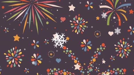 animation of snow falling over fireworks