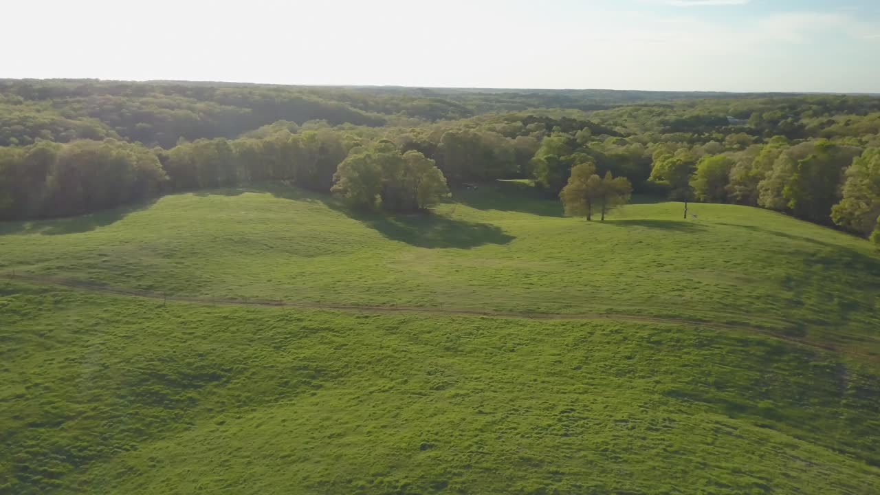 Panoramic aerial view of rolling hills and pastures with a forest in the distance during spring