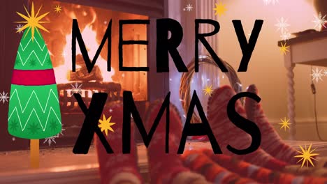 Animation-of-merry-xmas-text,-christmas-tree-and-stars-over-family-warming-feet-by-fireplace