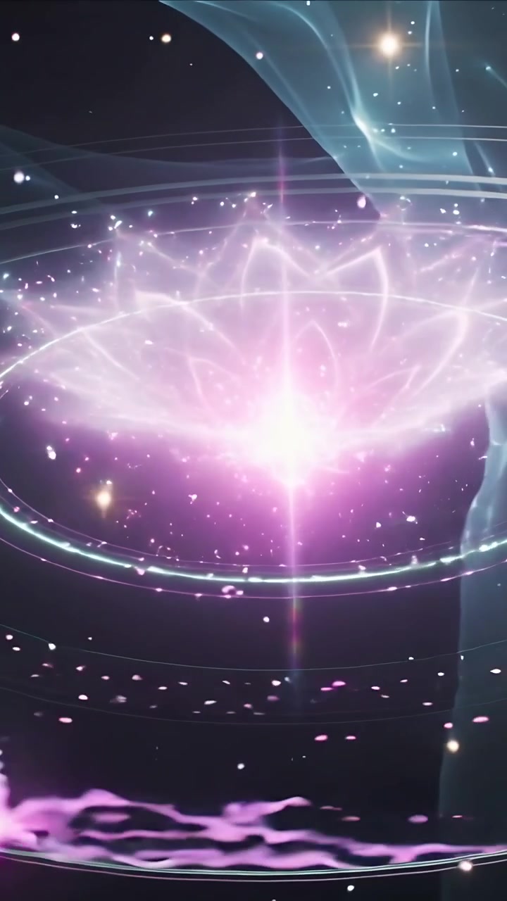 Video verticale: Nucleo magenta esplosivo che forma un loto e anelli nel vuoto, con un nastro stabilizzante.