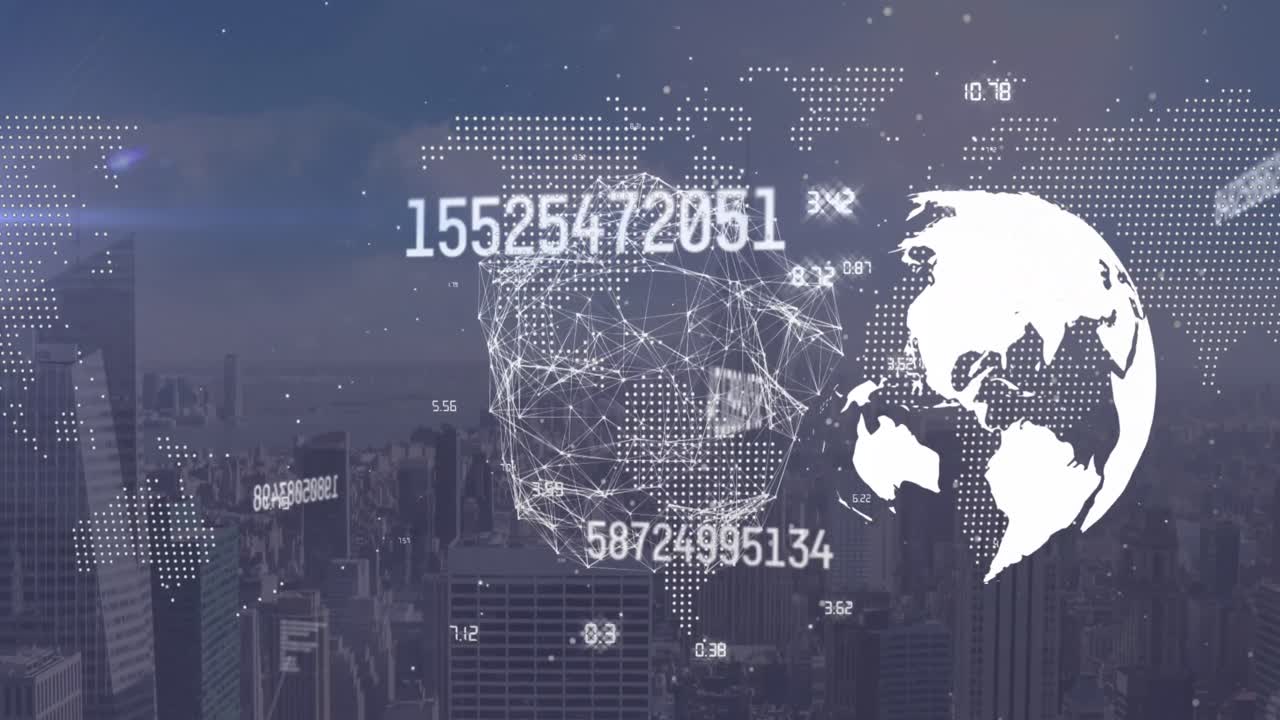 지구, 지도, 변화하는 숫자 및 현대 도시 풍경에 대한 연결된 점의 애니메이션