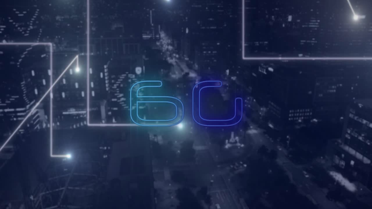 Animazione di testo 6G, paesaggio urbano e connessioni