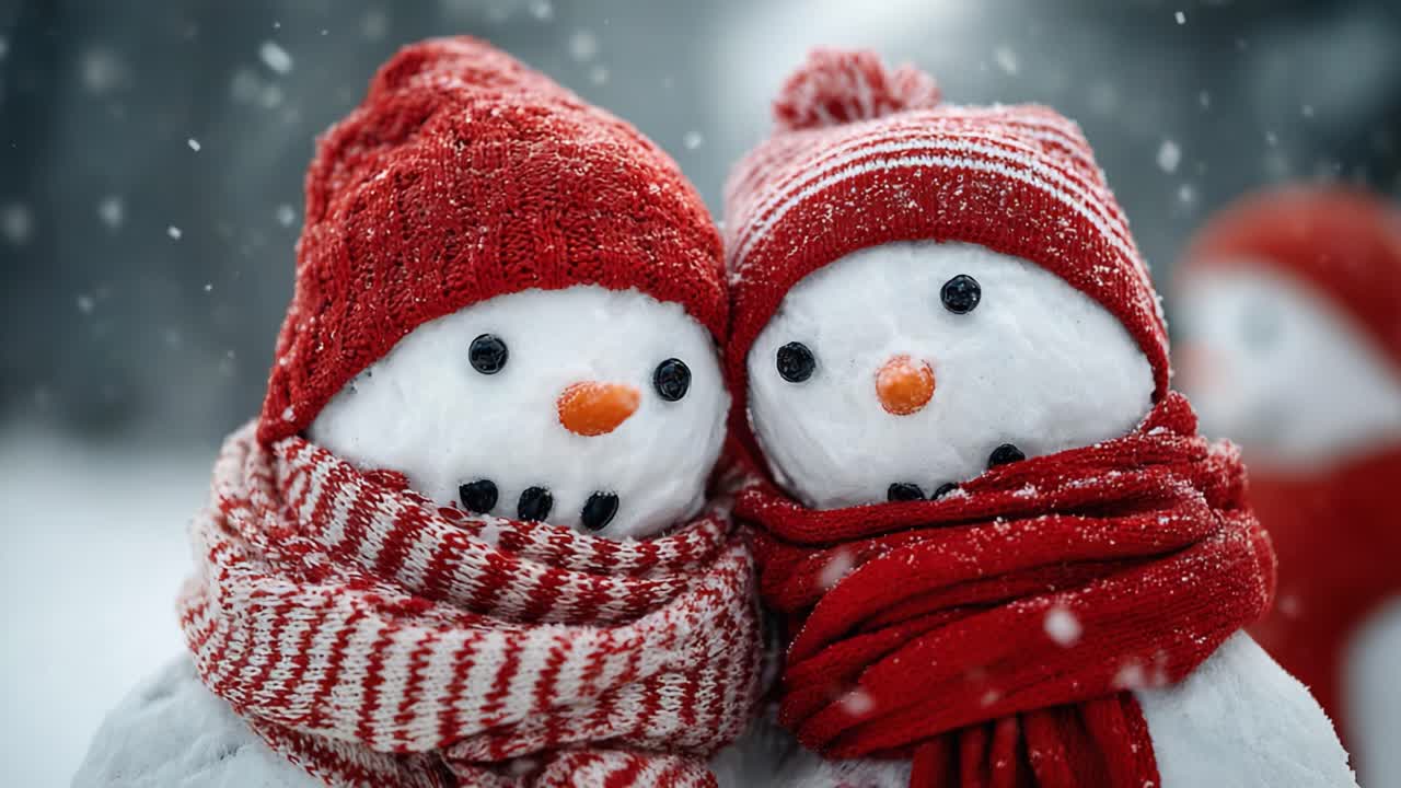 Charming Snowman Duo Embracing Winter's Chill with Enthusiastic Smiles and Cozy Hats, Capturing the Whimsical Spirit of the Snowy Season
