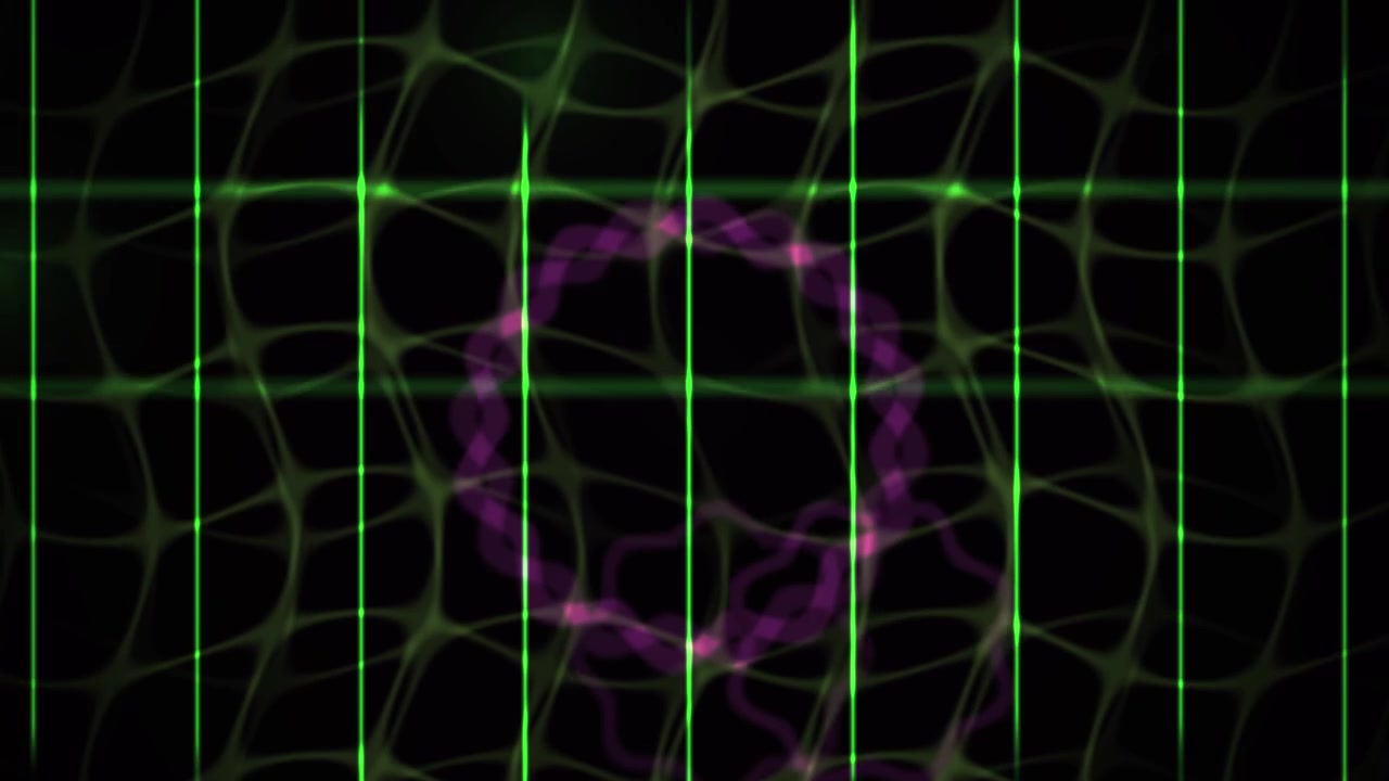 Abstract Digital Grid with Glowing Green Lines and Pulsating Purple Shapes