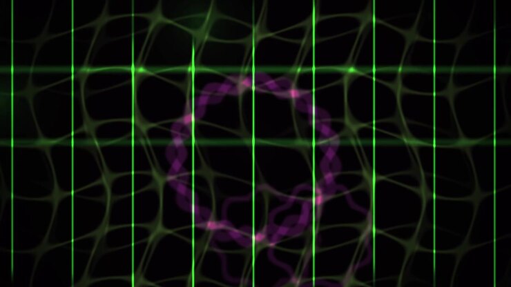 Griglia digitale astratta con linee verdi luminose e forme viola pulsanti