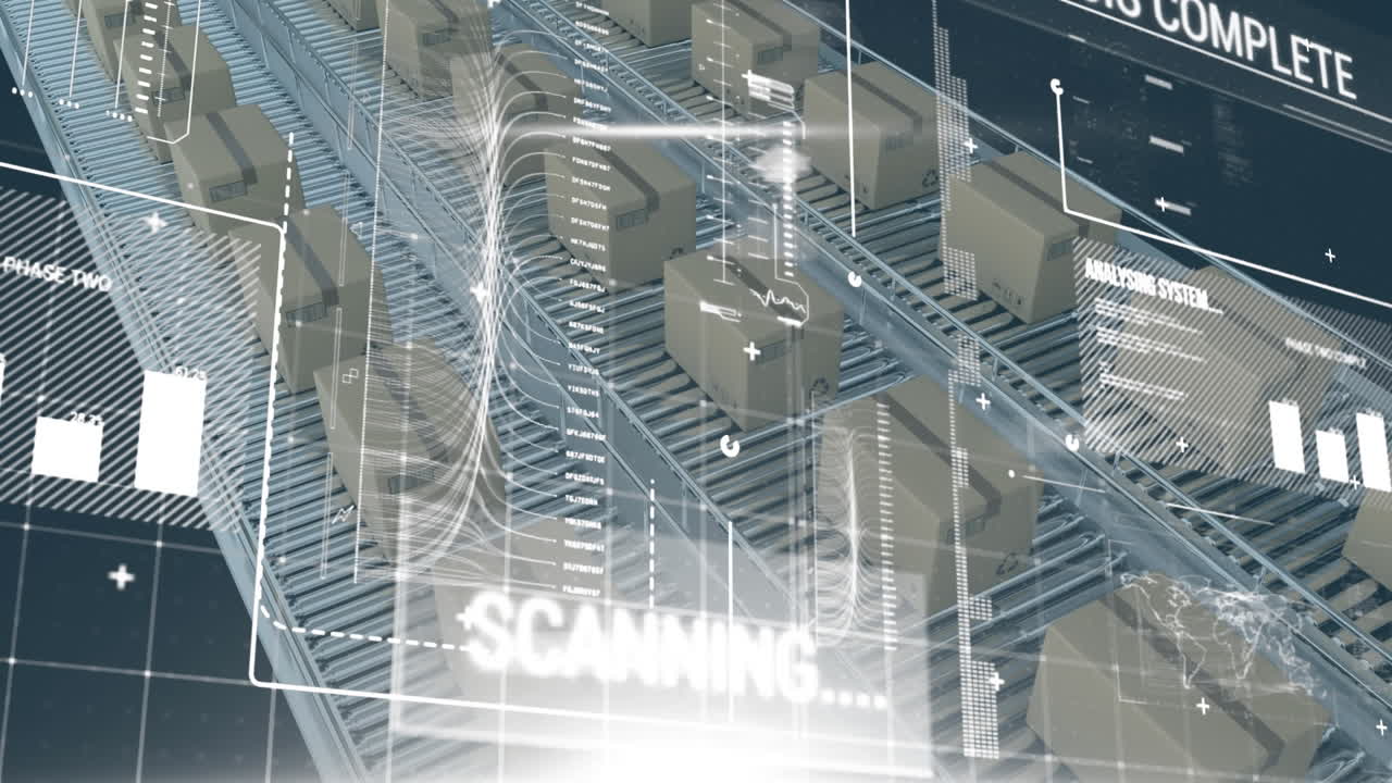 파란색 배경에 대한 컨베이어 벨트에 있는 여러 상자에서 데이터 처리를 하는 디지털 인터페이스