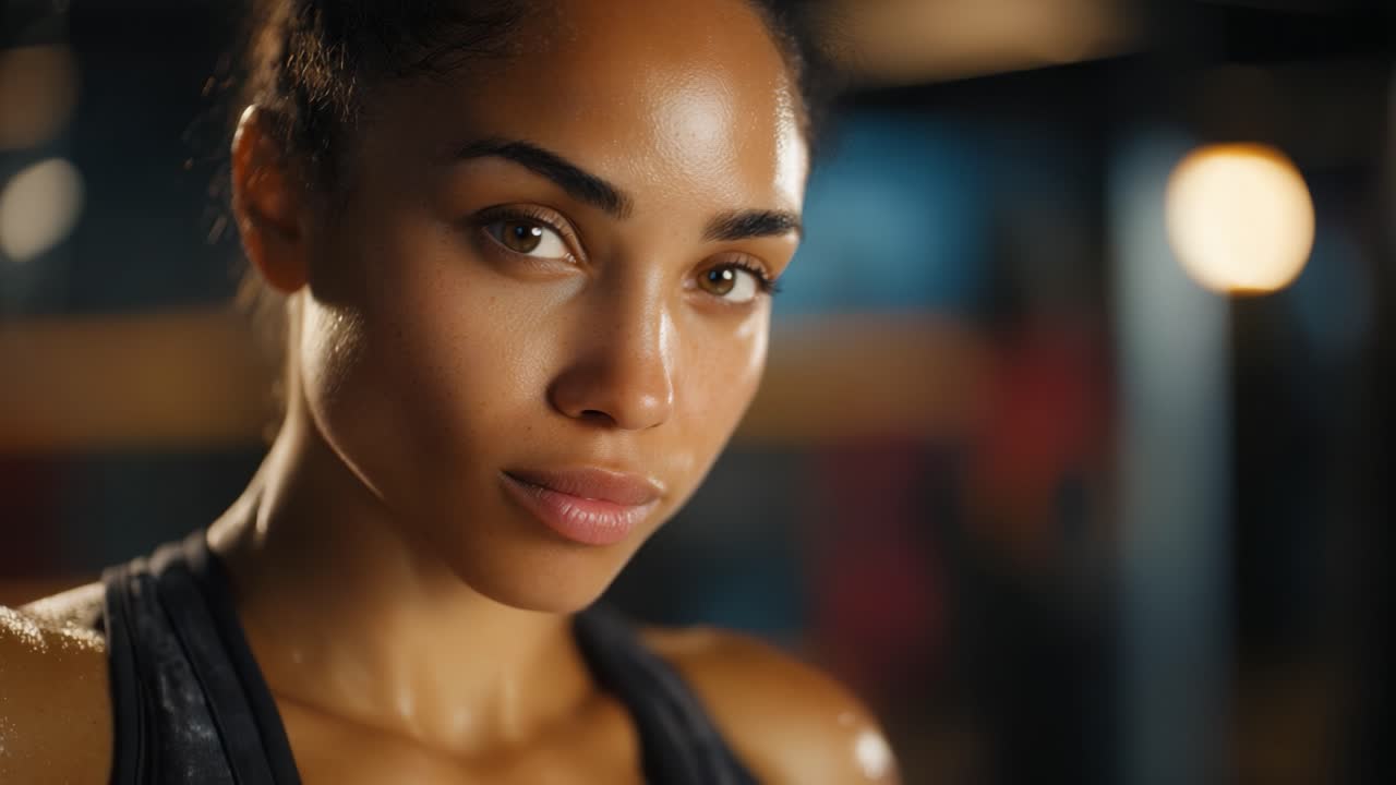 Focused Determination: Engaging Expression in Fitness Setting, Showcasing Strength, Resilience, and Inner Power through Intense Gaze and Athletic Spirit