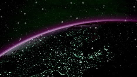 animación de estrellas fugaz y nieve cayendo sobre las montañas en el fondo