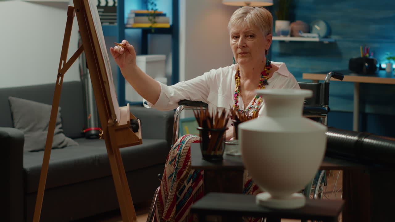 Senior artist with chronic impairment drawing vase design