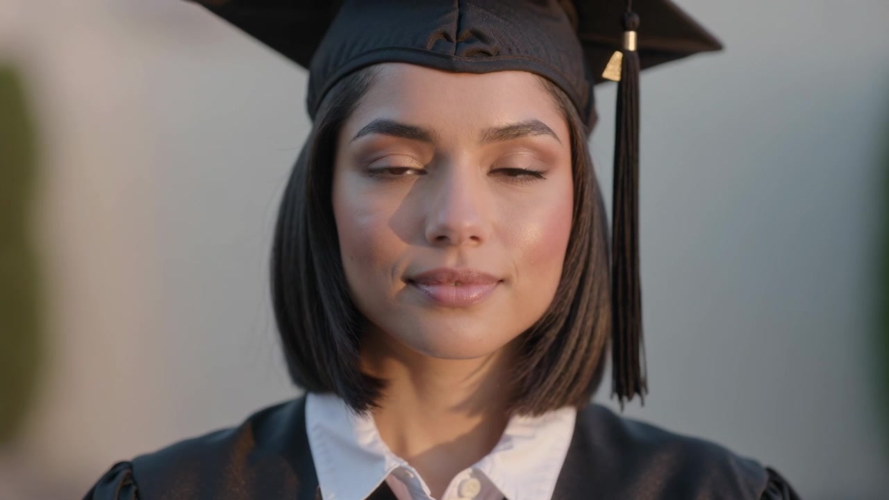 Avvio della telecamera, una laureata che batte le palpebre fissa lo sguardo nel campus, indossando tocco e toga per la cerimonia di laurea.