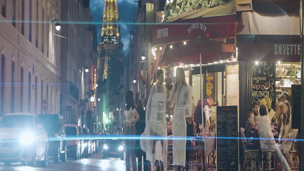 Nighttime Parisian Street Scene with Cafe