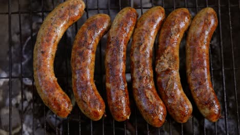 delicious juicy sausages, cooked on the grill with a fire.