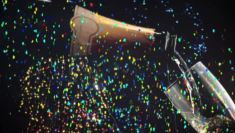 animación de confeti multicolor y fuegos artificiales sobre el derramamiento de champán