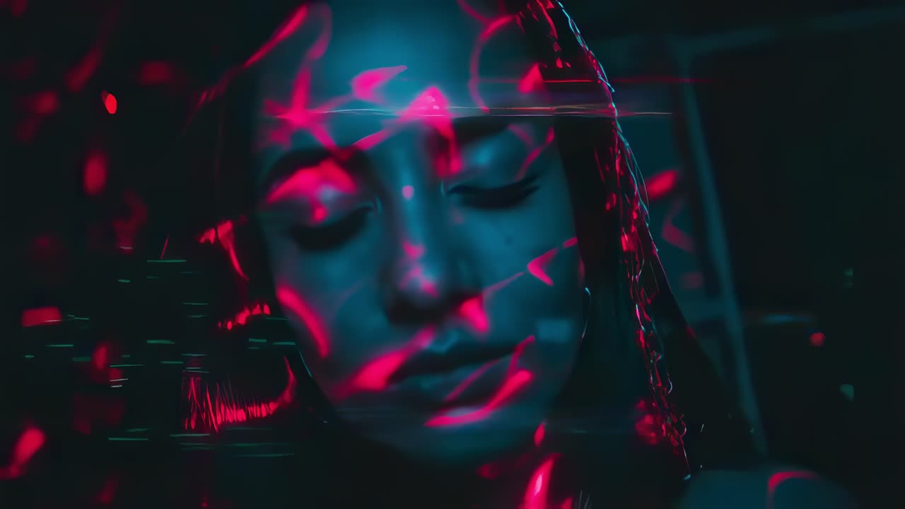 Woman facing sideways, experiencing artistic light projections casting vibrant red and blue colors across her profile, generating dramatic shadowing against deep monochromatic background