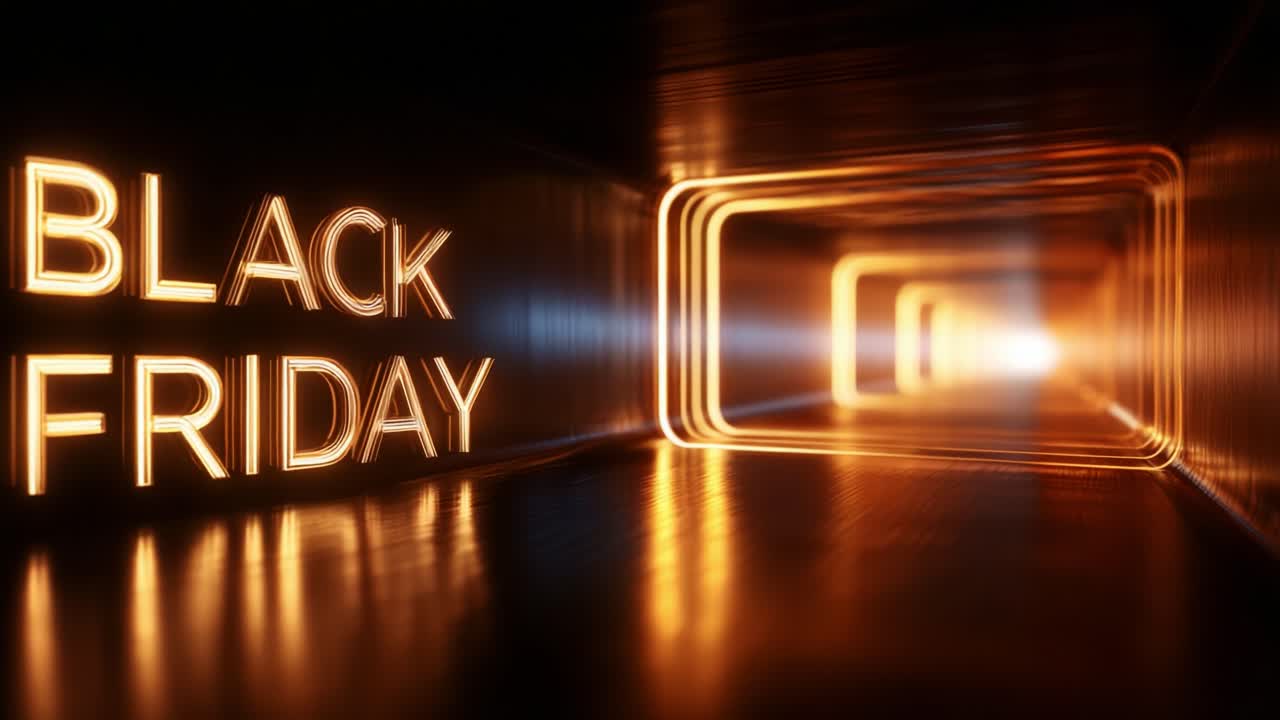 Illuminated Tunnel with Black Friday Signage, Showcasing a Bold Industrial Design, Capturing the Essence of Shopping Excitement and Anticipation Amidst a Darkened Environment