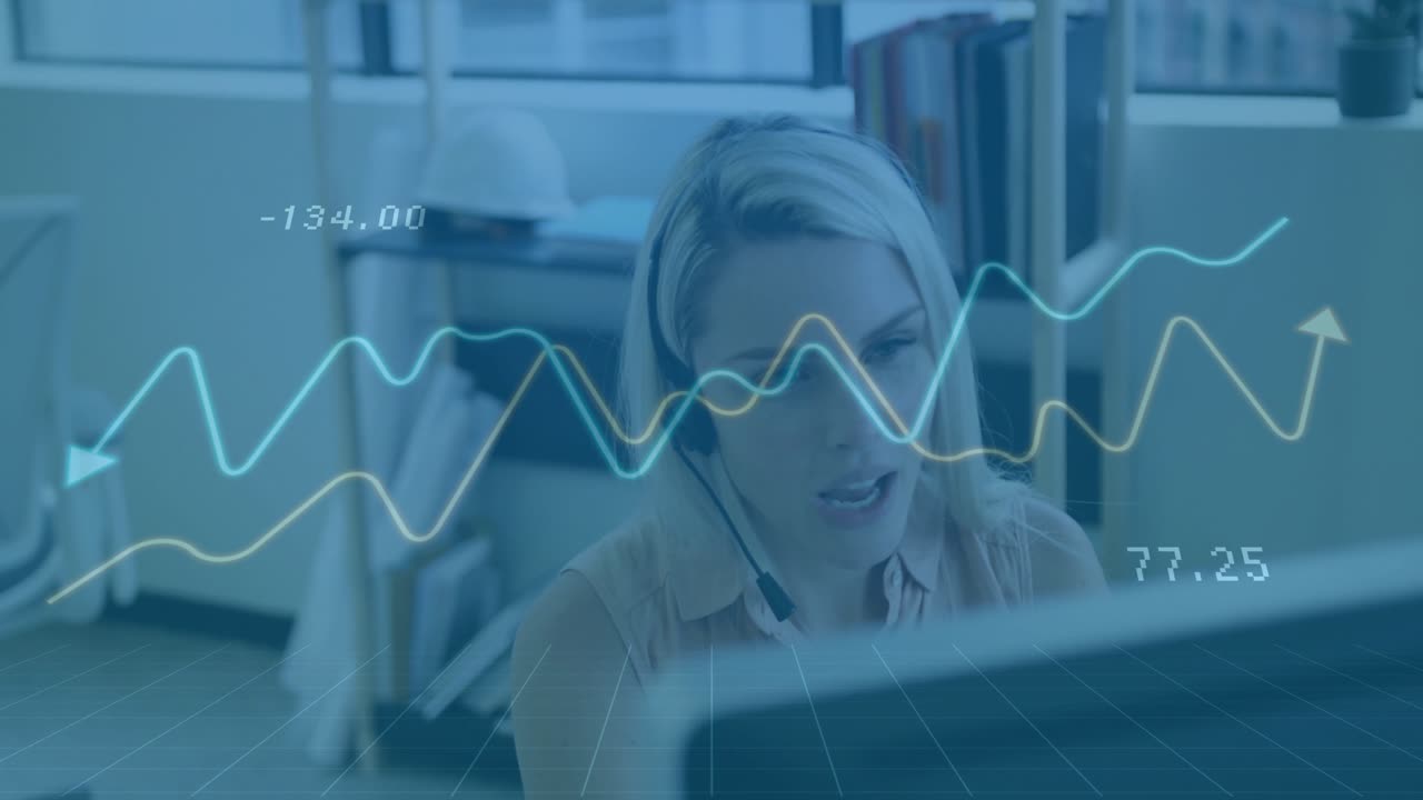 Analyzing financial data, businesswoman at desk with animation graphs in office