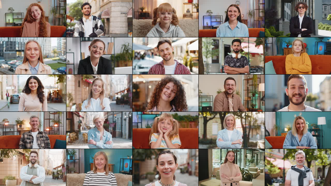 행복하고 기하고 만족한 사람들의 초상화 콜라지 남자 여자 친구처럼 미소 짓고 카메라를 바라보고