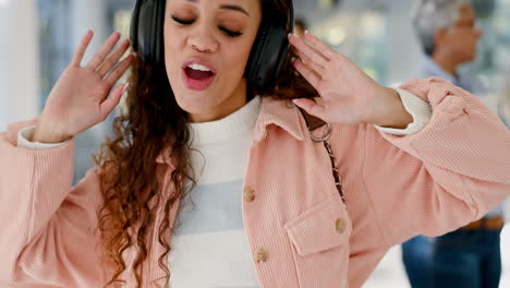 Music-headphones,-dance-and-happy-woman