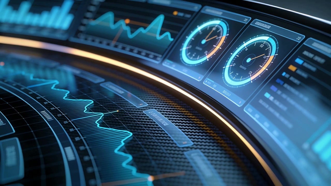 Shifting camera revealing curved data console on carbon base, cyan waveform updating for monitoring