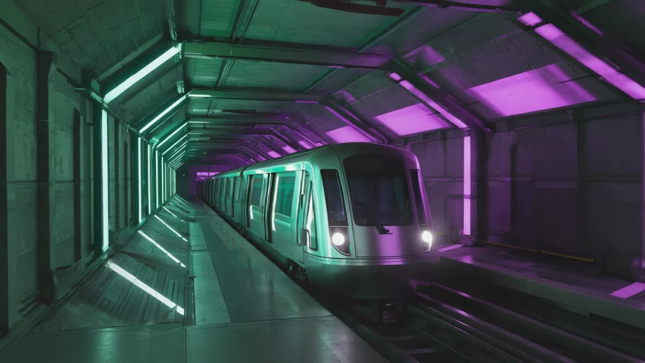 Futuristic Subway Train in Neon Lit Station