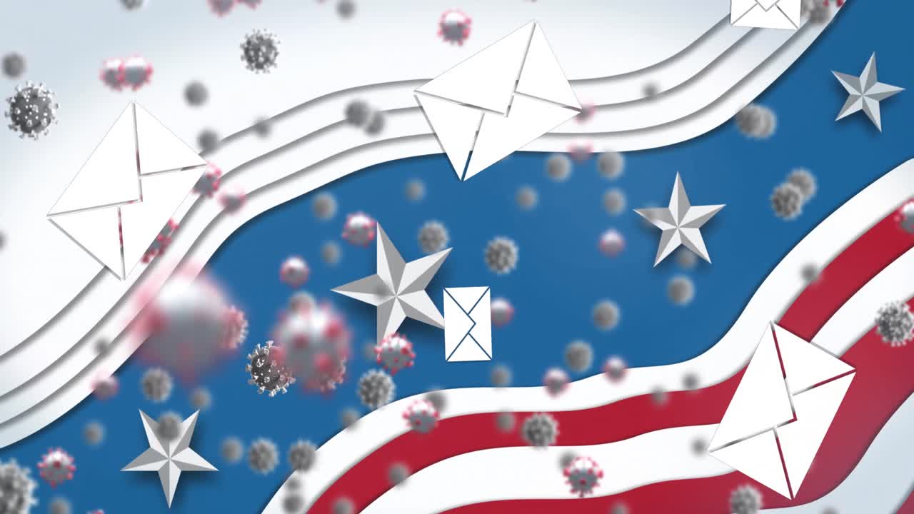 Multiple envelope icons and Covid-19 cells moving against American flag on blue background