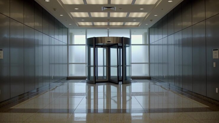 Rotating central glass metal revolving door motor starting, moving clockwise to vent main lobby