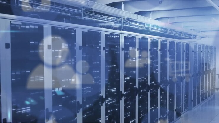 Animation of network of connections with icons and data processing over computer servers