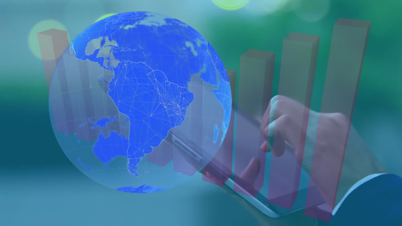 animación del globo y procesamiento de estadísticas sobre un hombre de negocios que usa una tableta