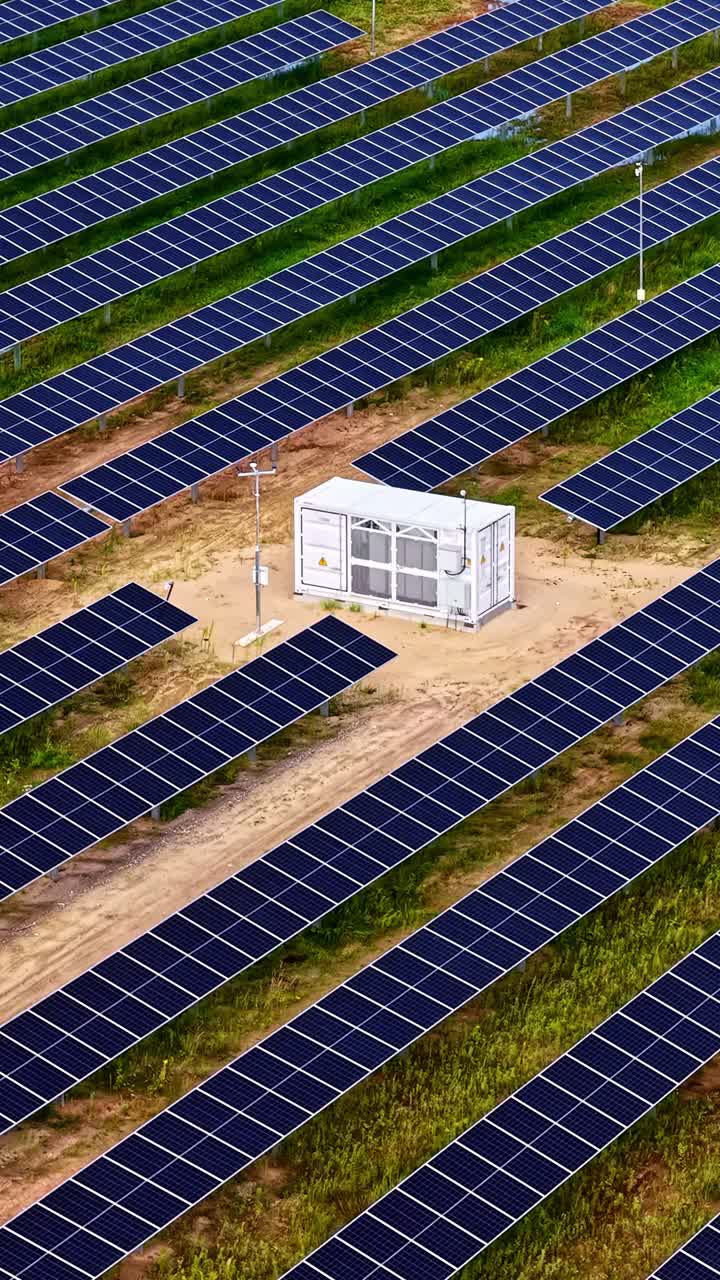 Aerial view of solar panels with energy hub in bright daylight for clean power