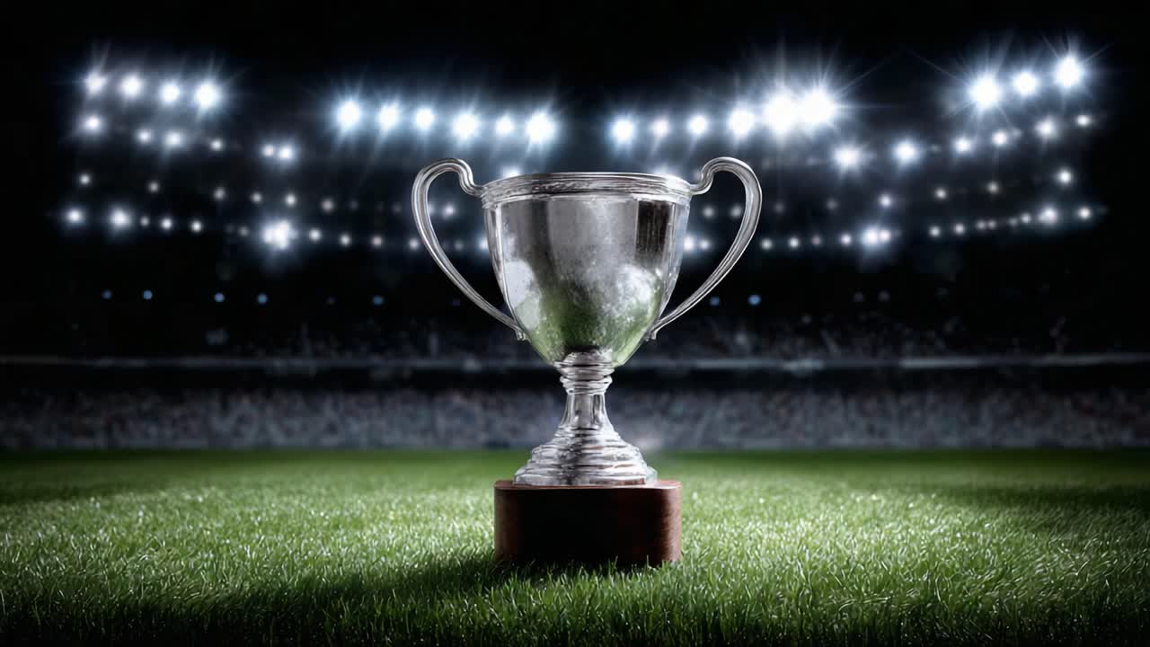 Shining Silver Trophy Displayed on a Lush Green Field Under Bright Stadium Lights, Symbolizing Victory and Achievement in Sports Competitions