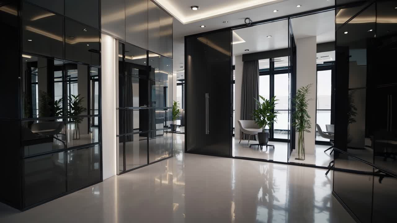 los pisos de hormigón pulido reflejan las líneas elegantes de las paredes de vidrio y metal en un espacio de oficina moderno, creando una atmósfera sofisticada y minimalista