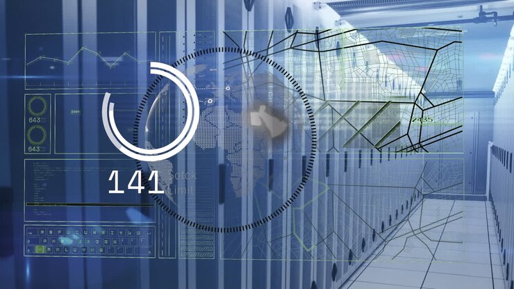 Animation of interface with data processing over spinning globe against computer server room