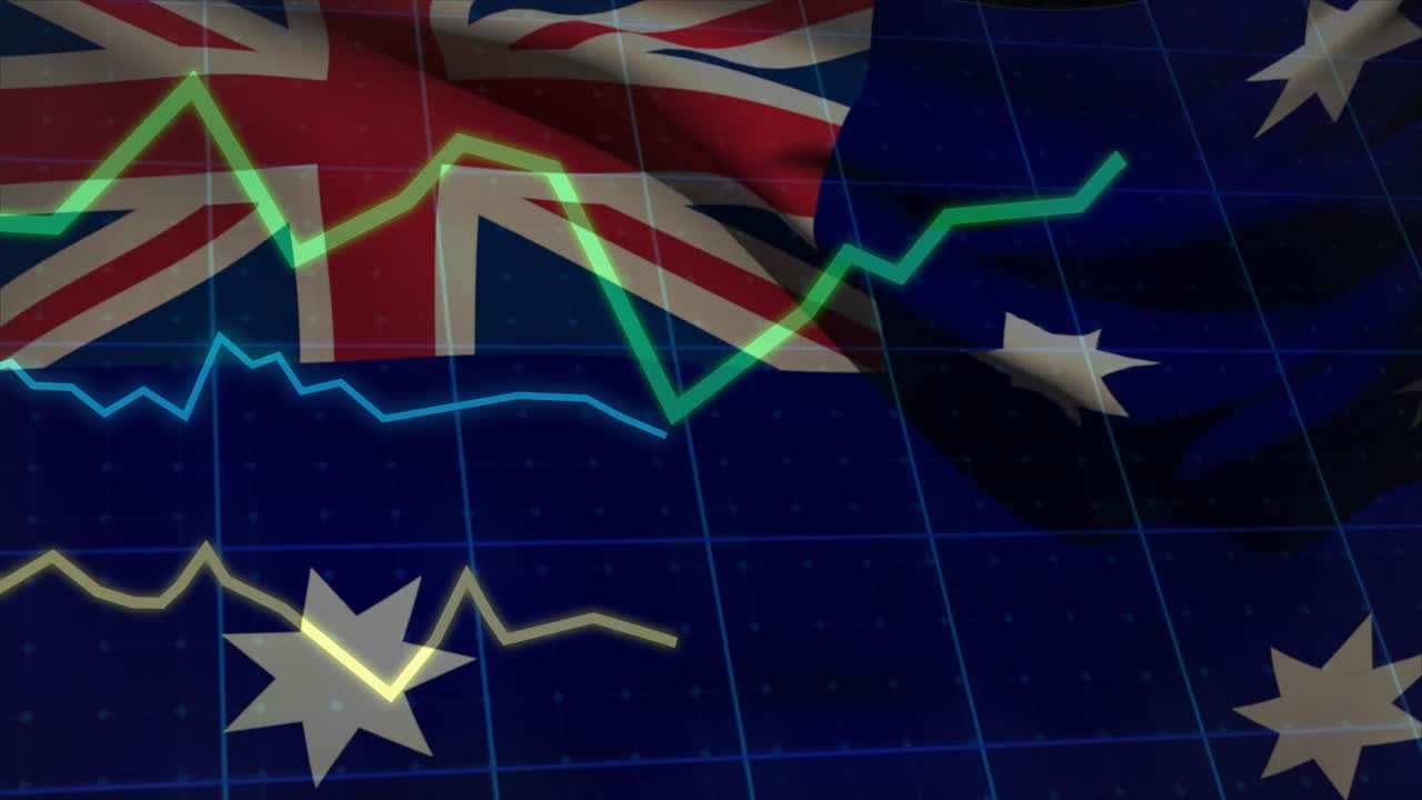On play, Australian flag rippling while line graphs moving, green peaking, dipping, showing trends