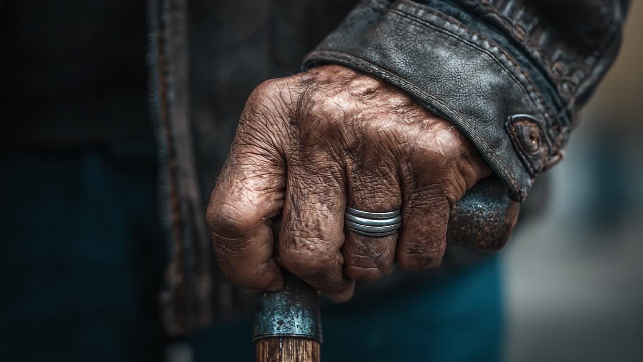 An Intimate Close-Up of a Weathered Hand Gripping a Cane, Illustrating Strength and Resilience Over Time with Detailed Texture and Character Symbolizing Journey