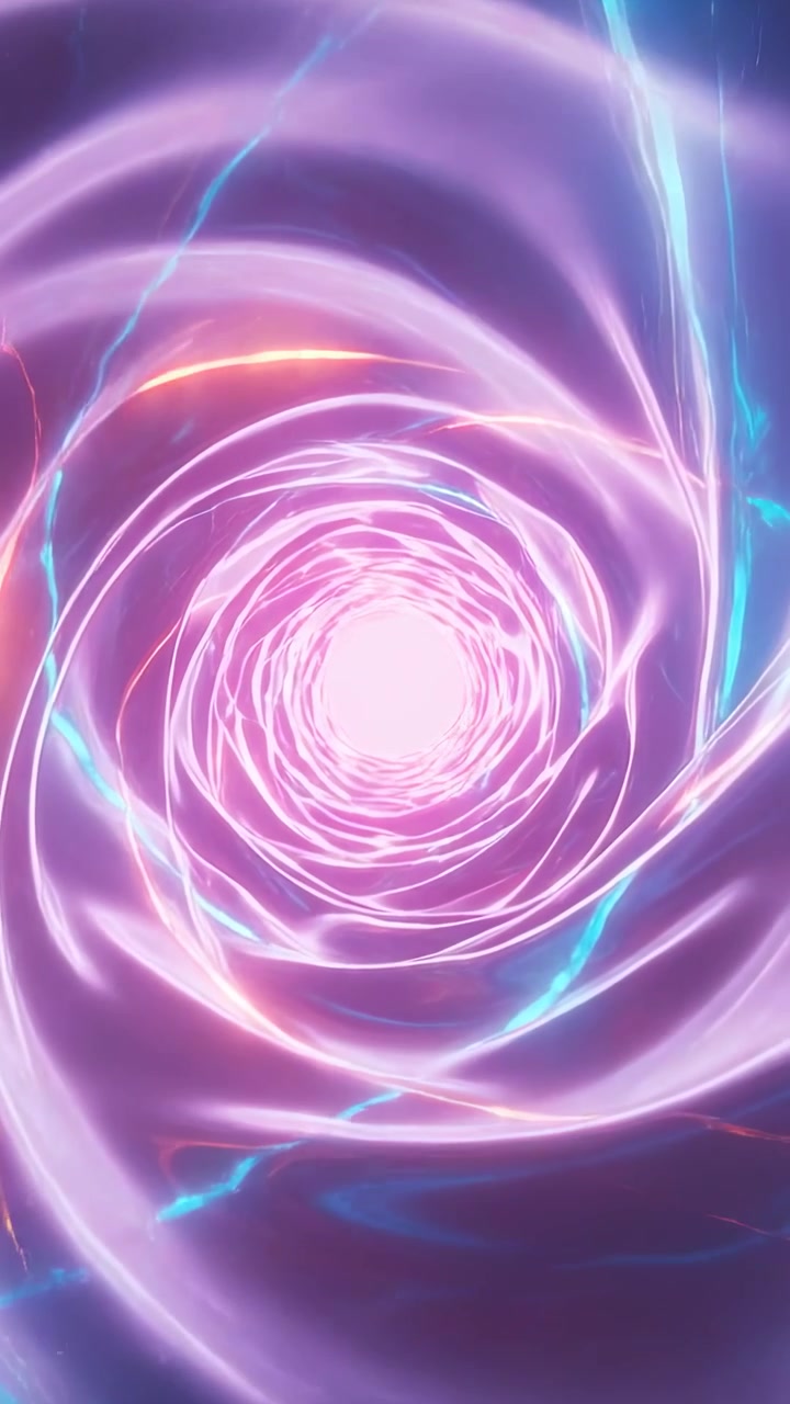 Vertical video: Camera moving, spiral vortex pulling inward toward bright core, cyan or orange bands