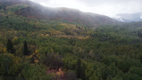 Vista-De-Drones-De-Cielos-Brumosos-Y-Hojas-De-Otoño-En-El-Cañón-American-Fork