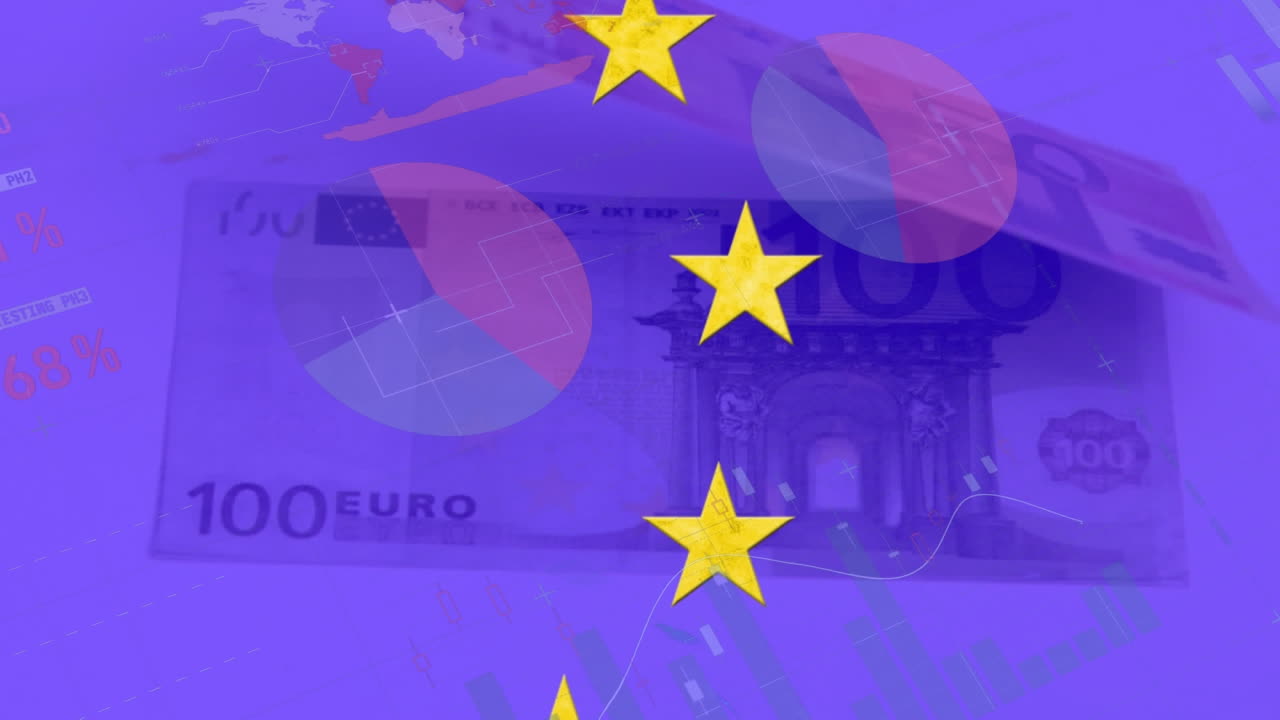 회전하는 별의 애니메이션과 유로 지폐의 클로즈업에 대한 통계 데이터 처리