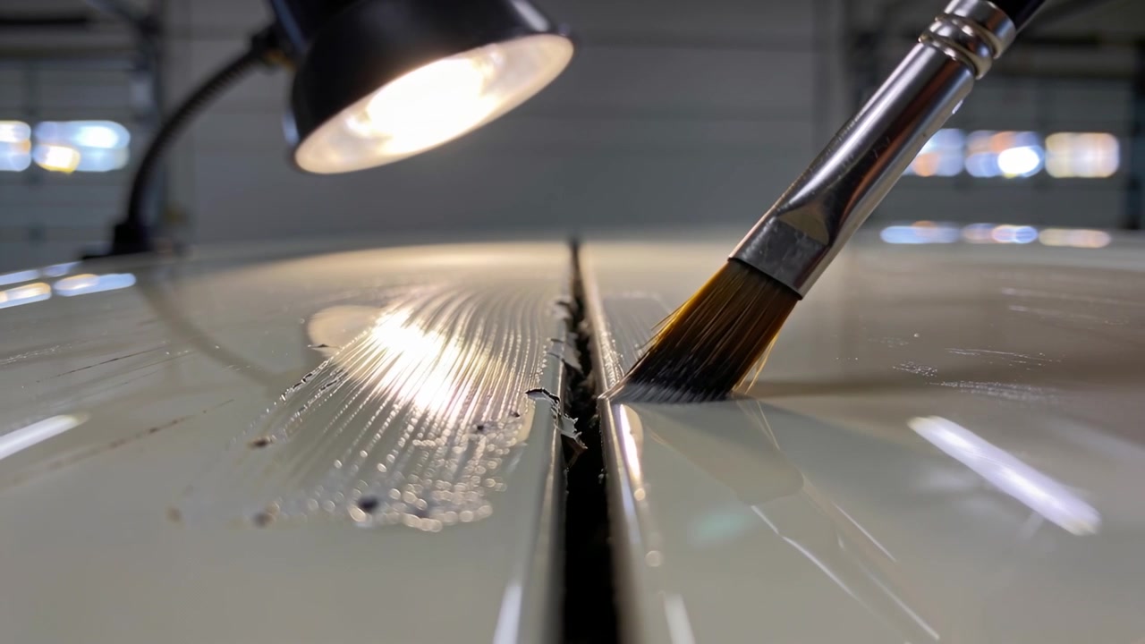 Brushing round brush from seam edge on painted panel under clamp lamp in workshop, clearing flakes