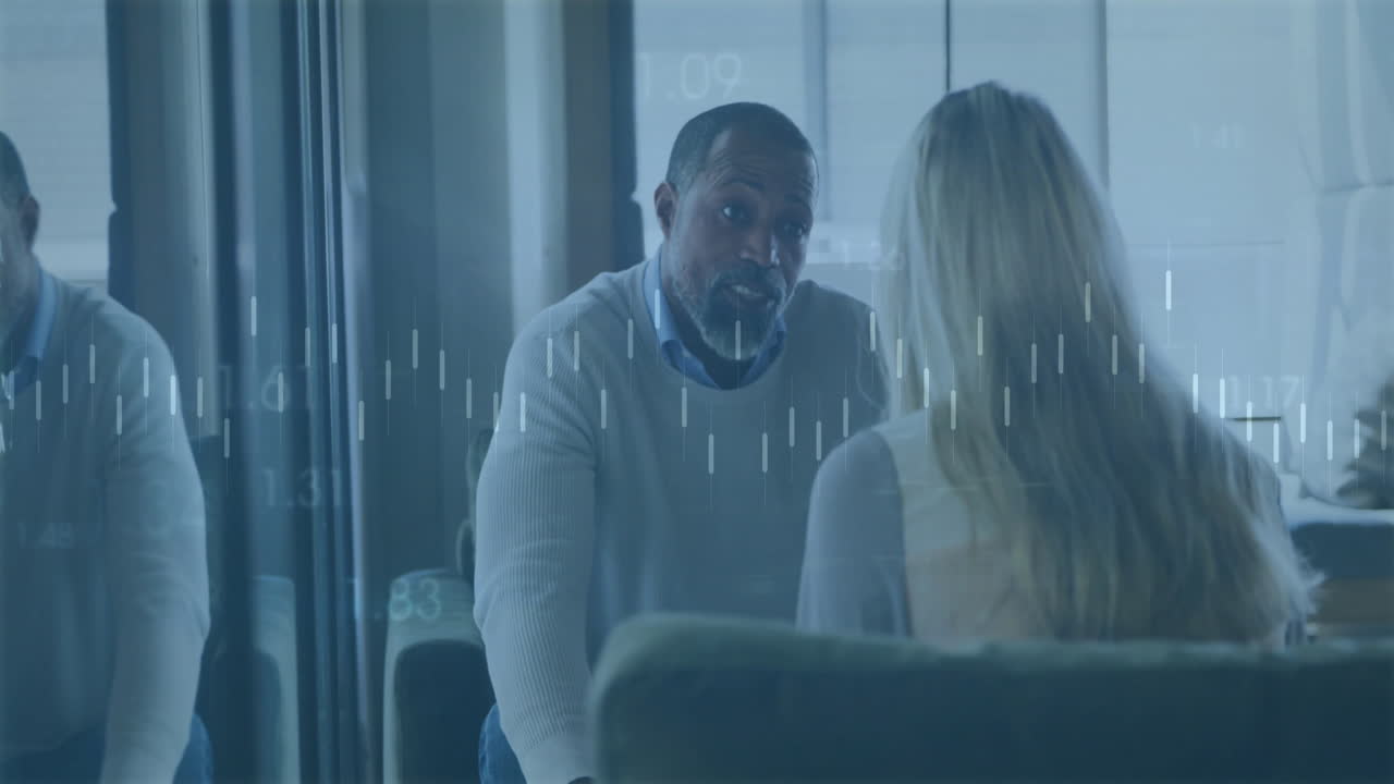 Animation of financial data processing over diverse business people in office