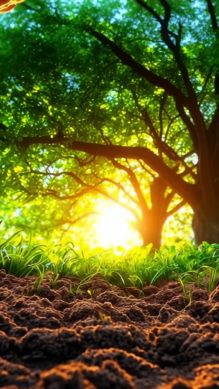 View from a burrow in a forest at sunset. Sunlight filters through tree branches, illuminating a lush green forest at sunset, seen from a burrow in the ground.